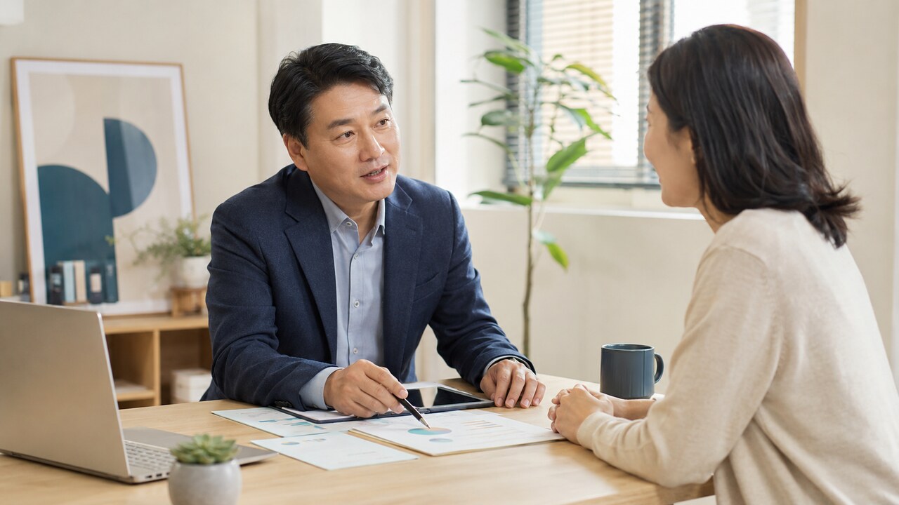 밝은 사무실에서 고객의 기존 보장을 차분하게 설명하는 보험 상담 장면